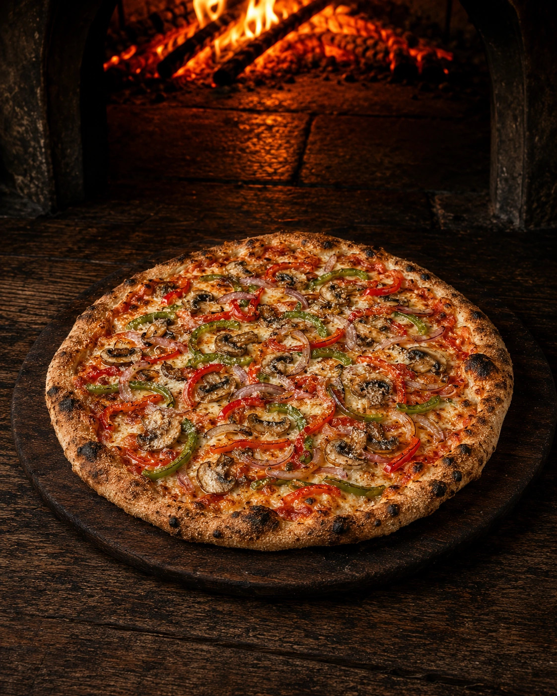 Wood-fired veggie pizza with peppers, onions and mushrooms on a wooden board
