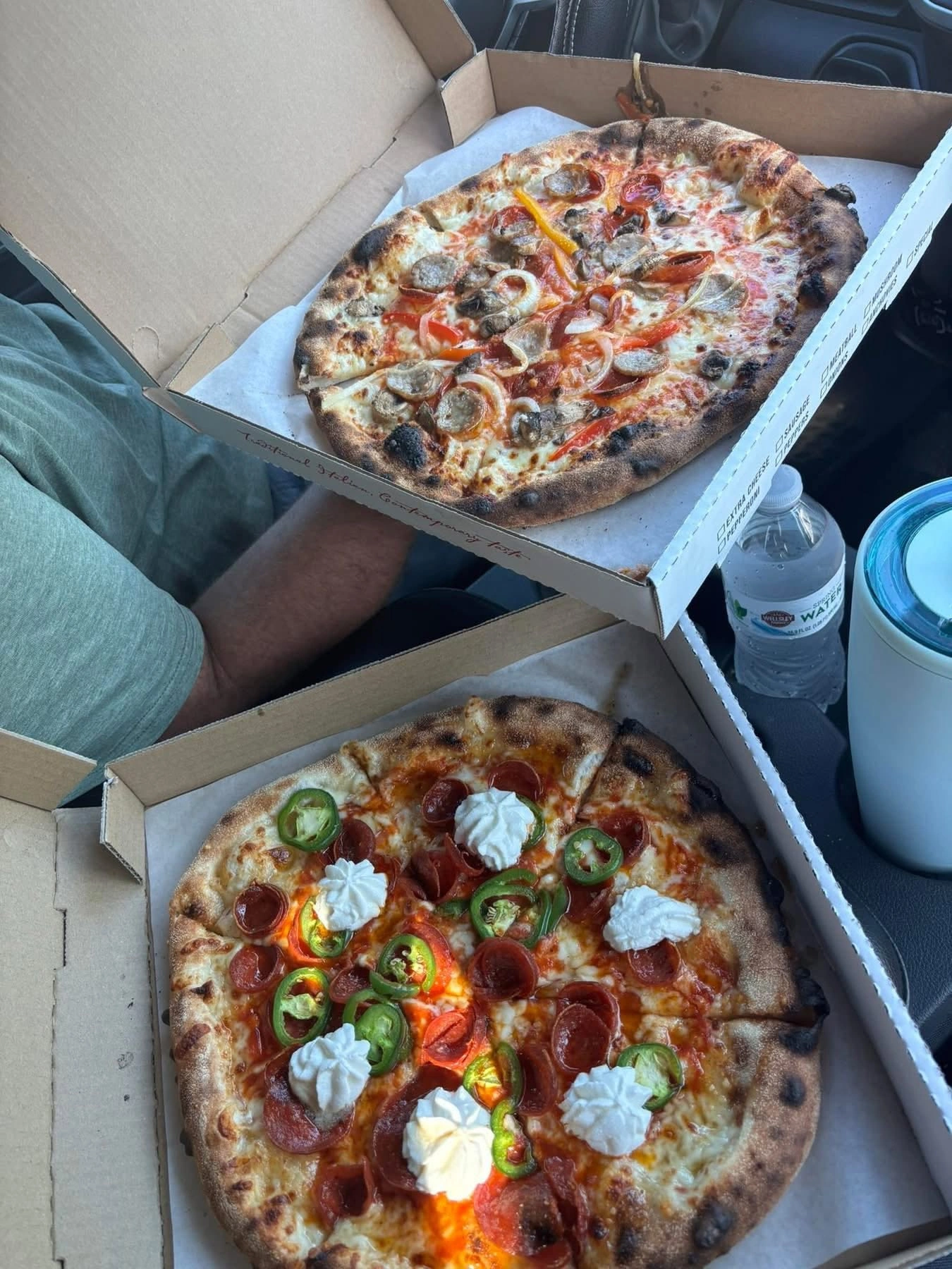 The Works and The Sweet Heat pizzas fresh out of the oven