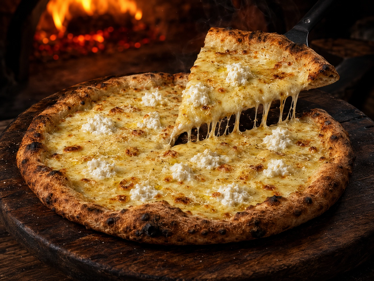 A slice of wood-fired white pizza with ricotta being lifted in a cheese pull