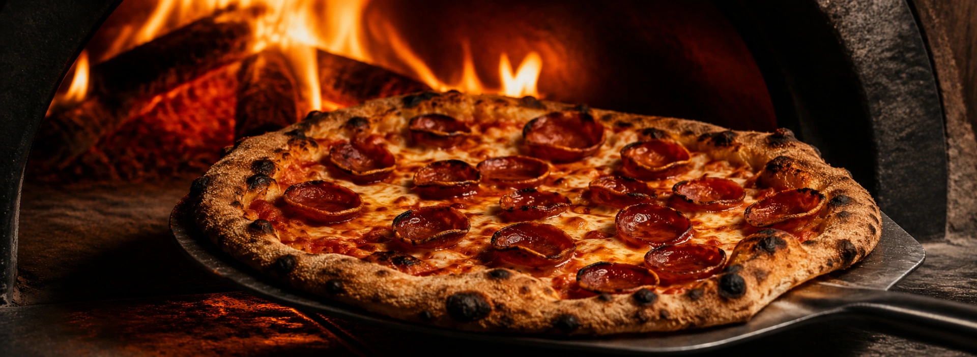 A cup-and-char pepperoni pizza finishing beside roaring flames in the wood-fired oven
