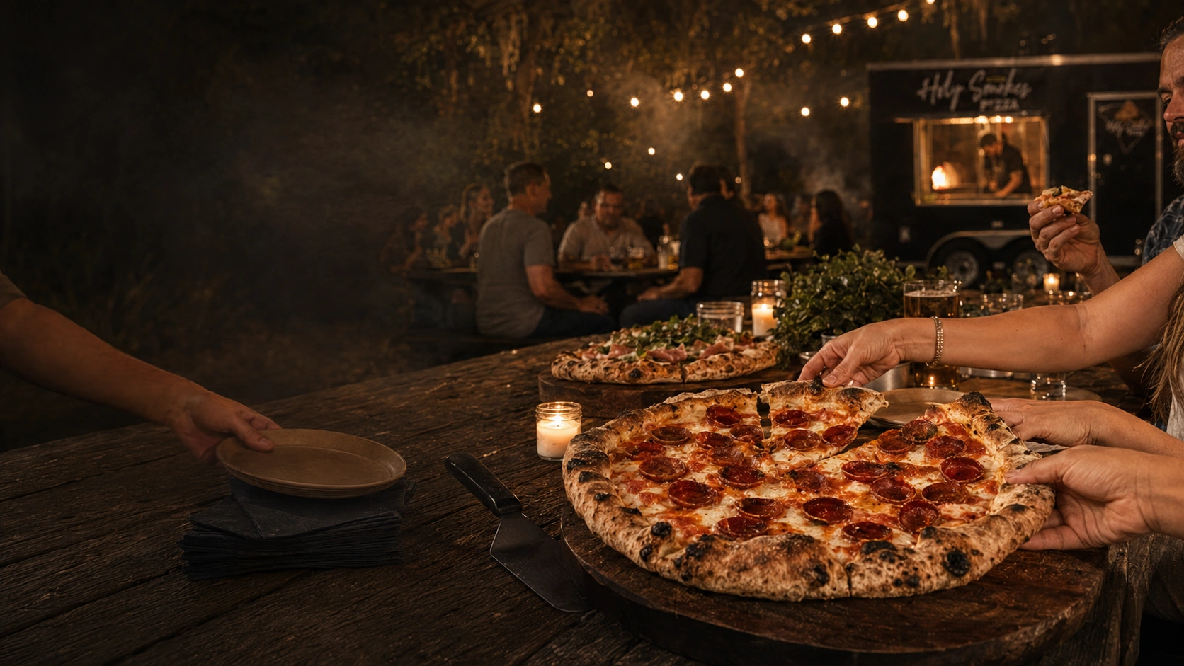 Guests enjoying Holy Smokes Pizza around a wooden table under string lights